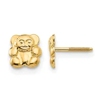 A pair of gold laughing Buddha stud earrings shown from front and side view, with screw-back posts.