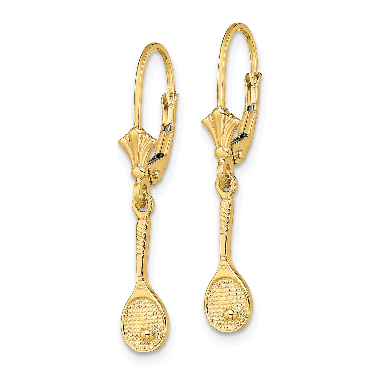 Pair of gold drop earrings with lever backs, featuring textured tennis racket charms suspended from decorative connectors.