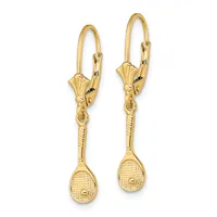 Pair of gold drop earrings with lever backs, featuring textured tennis racket charms suspended from decorative connectors.