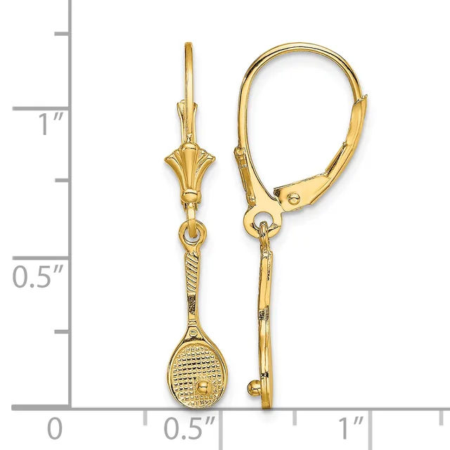 Gold-toned leverback earrings with textured tennis racket charms hanging from decorative stem connectors, shown next to a ruler for scale.