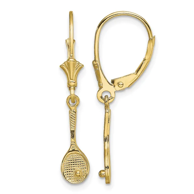 Pair of gold lever-back earrings with decorative fan-shaped tops and dangling tennis racket charms with textured oval heads.