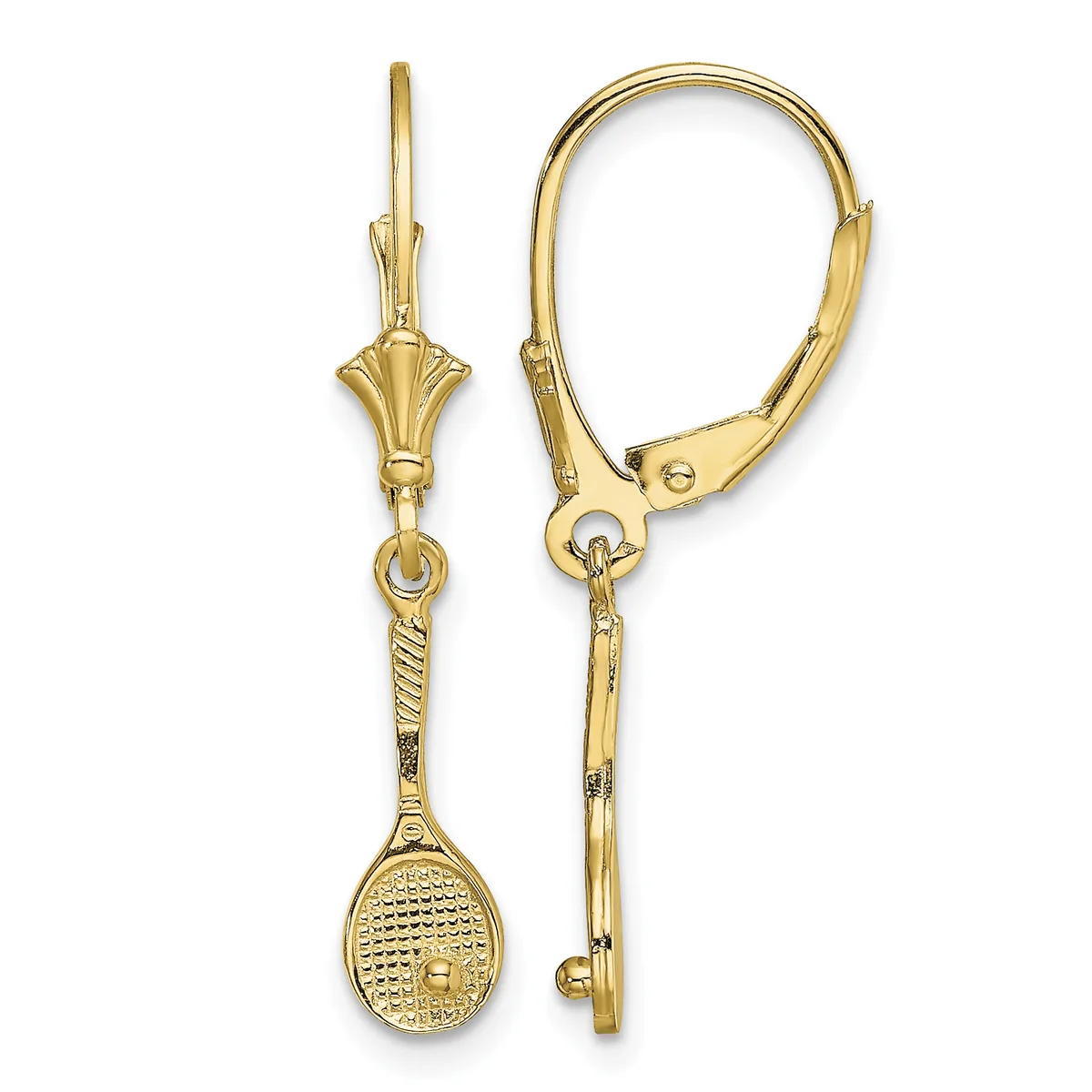 Pair of gold lever-back earrings with decorative fan-shaped tops and dangling tennis racket charms with textured oval heads.