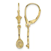 Pair of gold lever-back earrings with decorative fan-shaped tops and dangling tennis racket charms with textured oval heads.