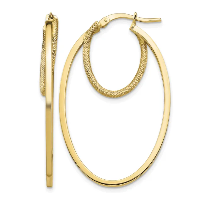A pair of gold-toned double hoop earrings with textured inner hoops and smooth outer ovals, displayed with posts and backs.
