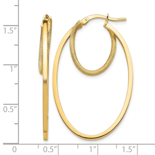 Gold-tone double hoop earrings with textured inner hoops and smooth outer hoops, displayed next to a measurement scale showing approximately 1.5 inches in length.