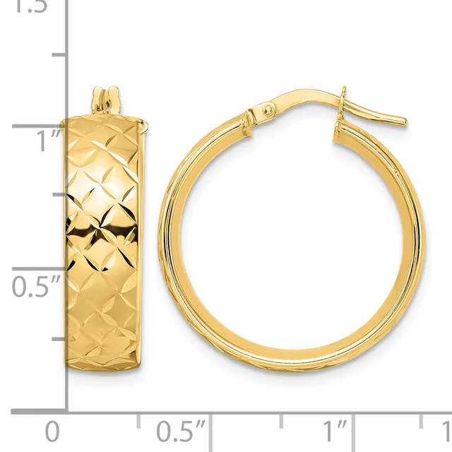 Pair of gold hoop earrings with a quilted diamond texture pattern, shown from front and side views with a measurement scale indicating approximately one inch in diameter.
