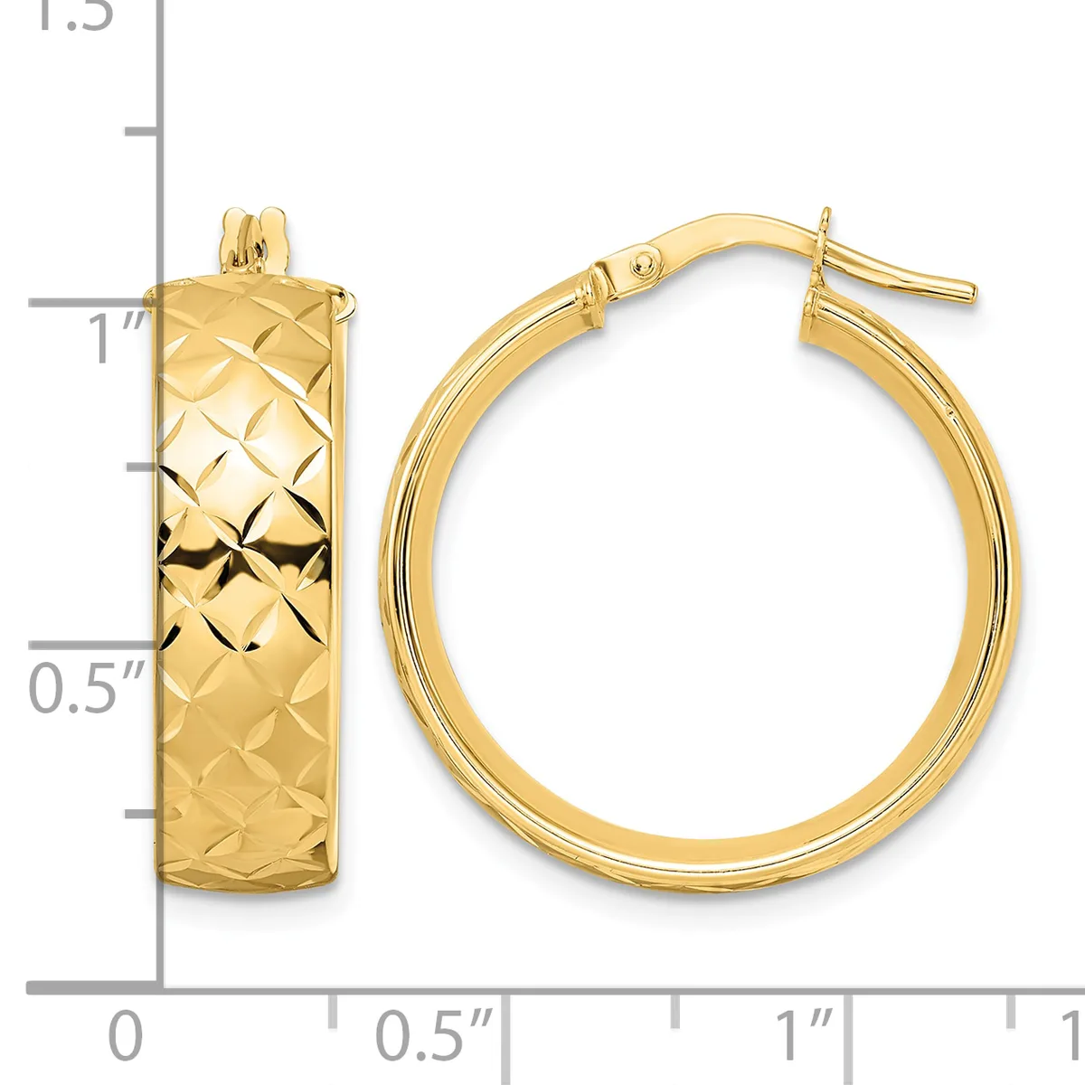 Pair of gold hoop earrings with a quilted diamond texture pattern, shown from front and side views with a measurement scale indicating approximately one inch in diameter.