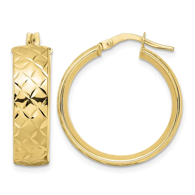 A pair of polished gold hoop earrings with a quilted diamond texture pattern and post and clutch closures.