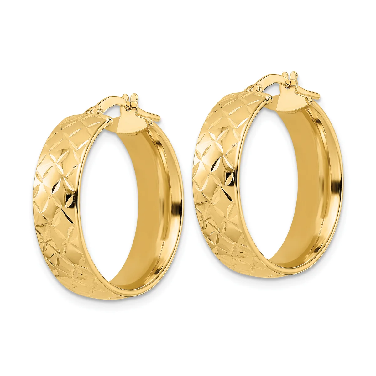 A pair of gold hoop earrings with a quilted texture pattern on the outer surface and polished inner surface, shown from the front.