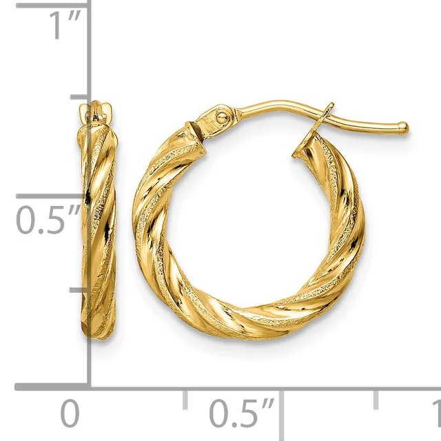 Gold twisted hoop earrings with textured finish, approximately 0.5 inches in diameter, shown with measurement scale.