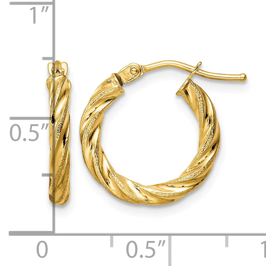Gold twisted hoop earrings with textured finish, approximately 0.5 inches in diameter, shown with measurement scale.