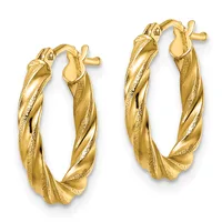 A pair of gold twisted hoop earrings with a textured finish and post-and-clutch closures, shown from the front.