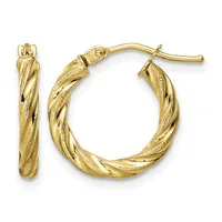 Pair of twisted gold hoop earrings with textured surfaces and post-and-clutch closures, shown from front and side views.