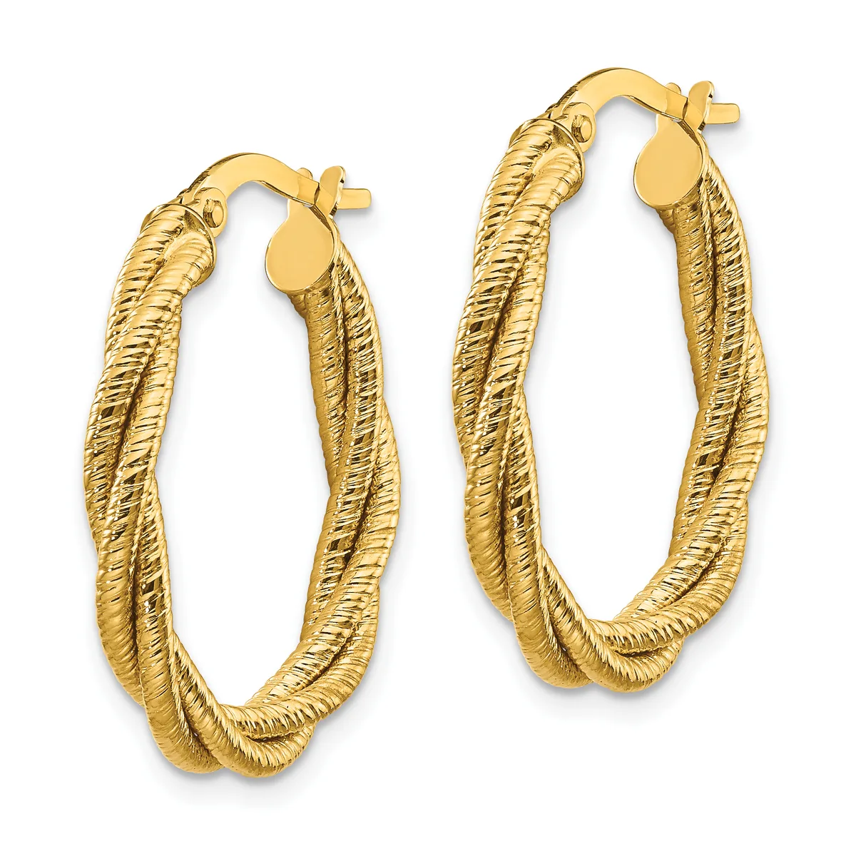 A pair of gold-toned hoop earrings with a twisted textured surface and post closures, shown against a white background.