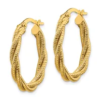A pair of gold-toned hoop earrings with a twisted textured surface and post closures, shown against a white background.