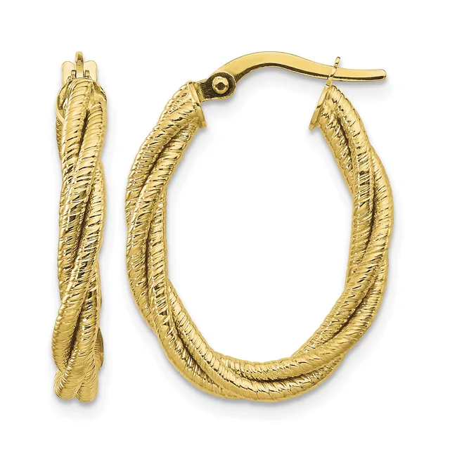 A pair of twisted gold hoop earrings with textured surfaces and post-and-clutch closures, shown from front and side angles.