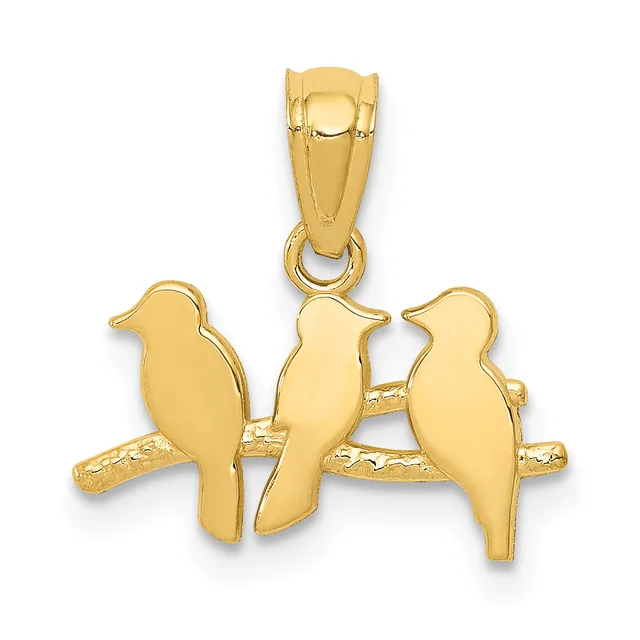 Gold pendant featuring three stylized birds perched on a branch, with a polished finish and a small hallmark on the bail.