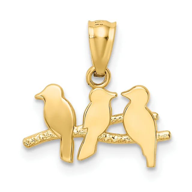 Gold pendant featuring three birds perched on a textured branch, shown with attached bail loop against a white background.