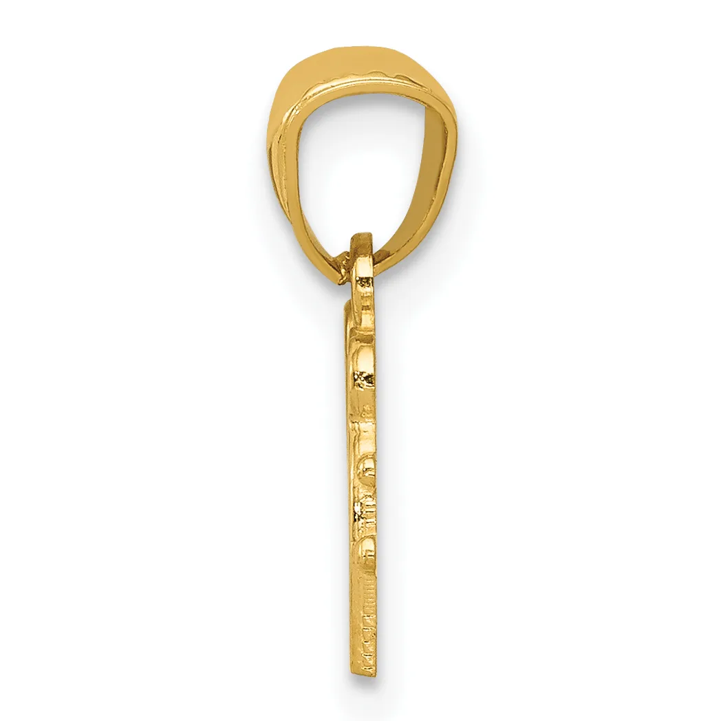 A gold pendant charm with an oval loop at the top and a rectangular shaft below, featuring decorative texture and a small stamped hallmark on the stem.