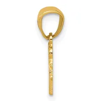 A gold pendant charm with an oval loop at the top and a rectangular shaft below, featuring decorative texture and a small stamped hallmark on the stem.
