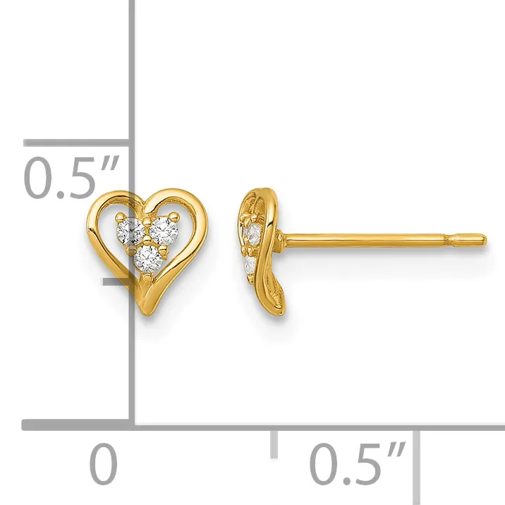 A pair of gold heart-shaped stud earrings with diamond accents, shown front and side view against a measurement scale indicating approximately 0.5 inches in size.