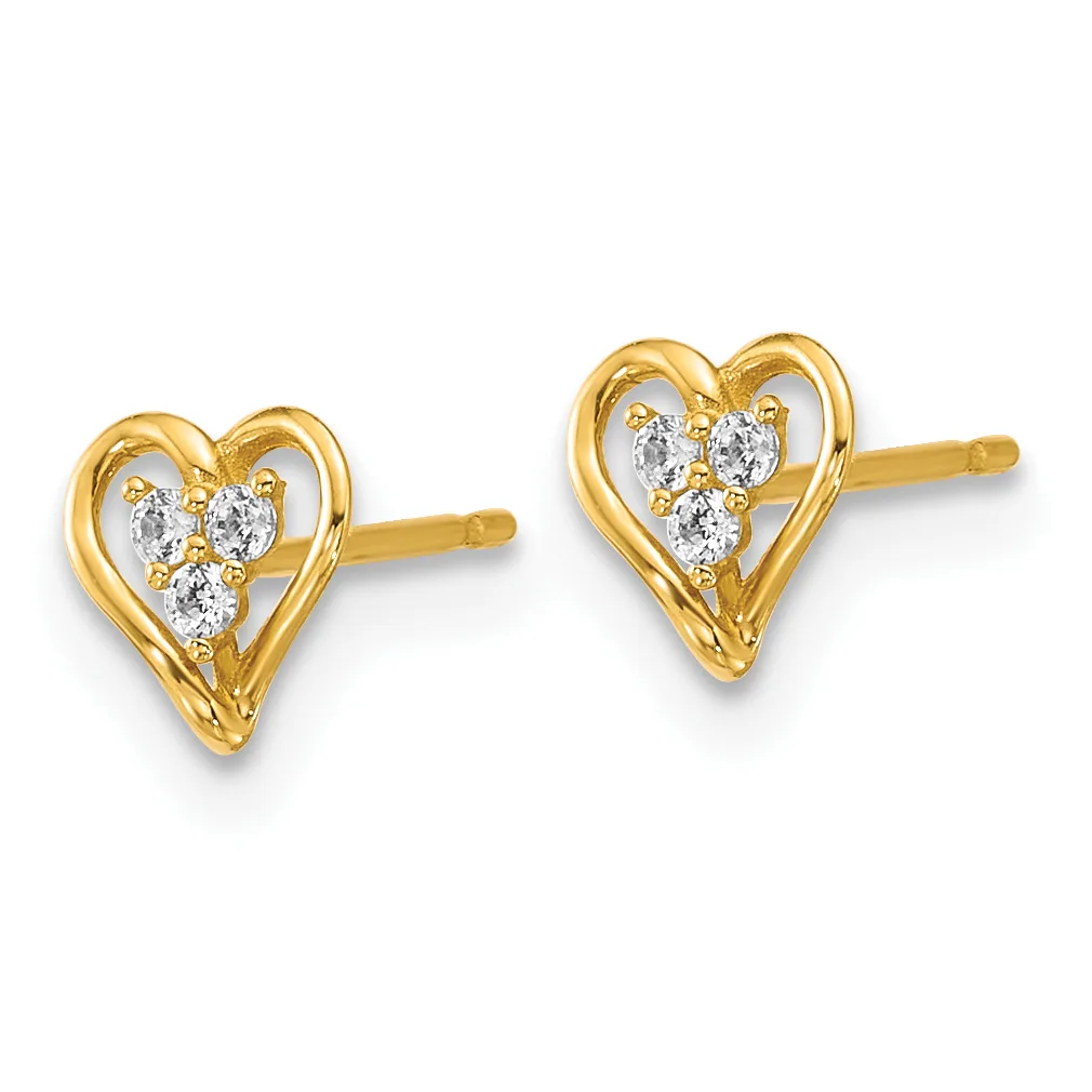 A pair of gold heart-shaped stud earrings with diamond accents arranged vertically down the center of each heart.