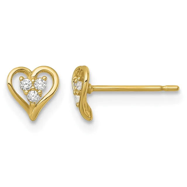 Pair of gold heart-shaped stud earrings with three round white diamonds set in each heart, shown from front and side views.