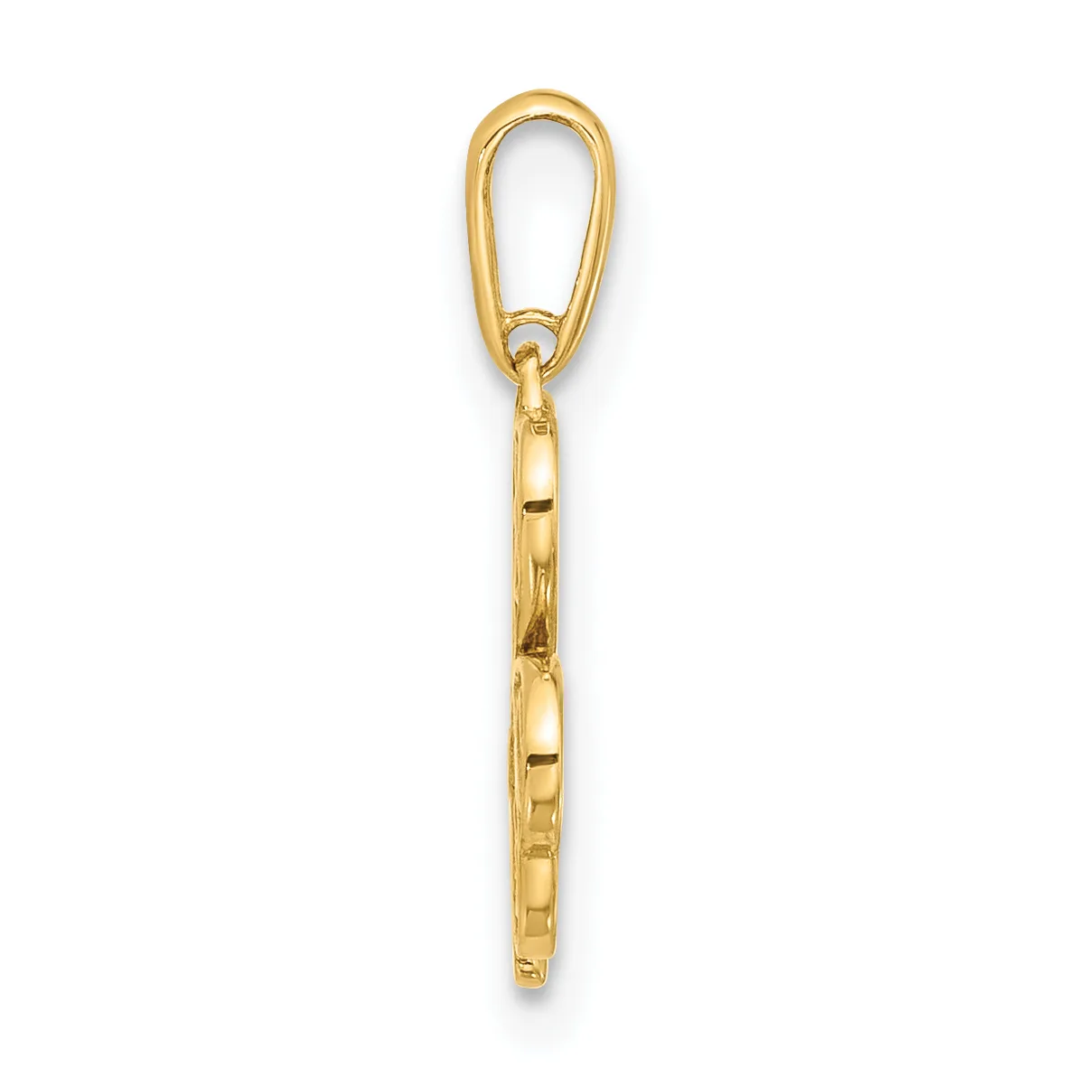 A gold-toned metal keychain with an elongated loop at the top and a chain-link design extending downward.