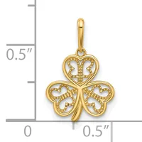 Gold three-leaf clover pendant with textured filigree detailing shown next to a measurement scale indicating approximately 0.5 inches in height.