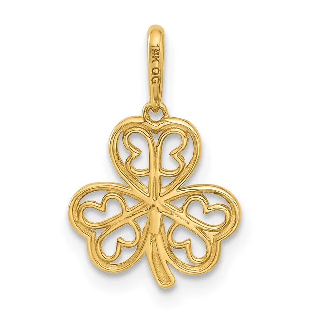 A gold four-leaf clover pendant with openwork heart-shaped lobes and a small stamped hallmark on the bail.