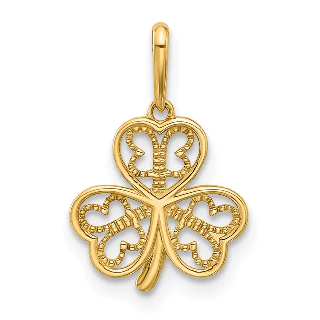 Gold pendant featuring a three-leaf clover design with a heart at the top, each section decorated with textured details, suspended from a bail.