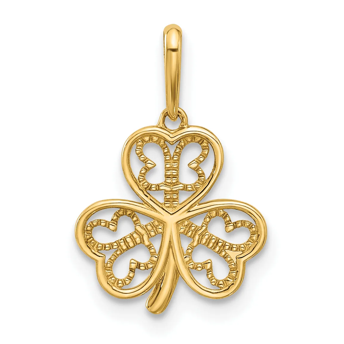 Gold pendant featuring a three-leaf clover design with a heart at the top, each section decorated with textured details, suspended from a bail.