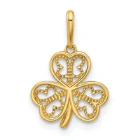 Gold pendant featuring a three-leaf clover design with a heart at the top, each section decorated with textured details, suspended from a bail.