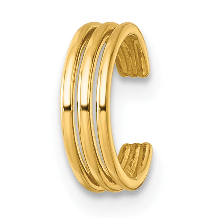 Gold-toned cuff bracelet with three parallel rounded bands separated by grooves, shown open against a white background.