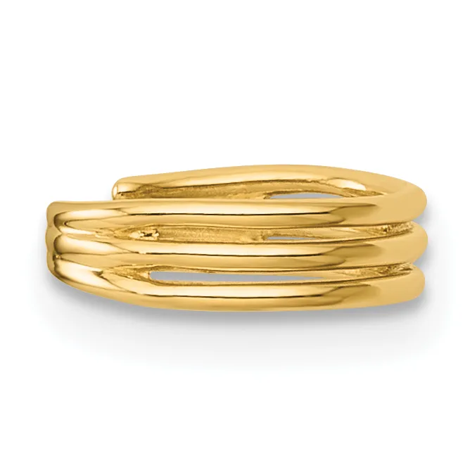 A polished gold-toned stacked ring with four curved bands arranged in parallel rows, shown against a white background.