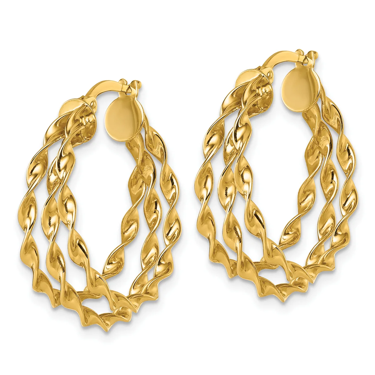 Pair of gold twisted hoop earrings with textured surface and post closures, displayed side by side.