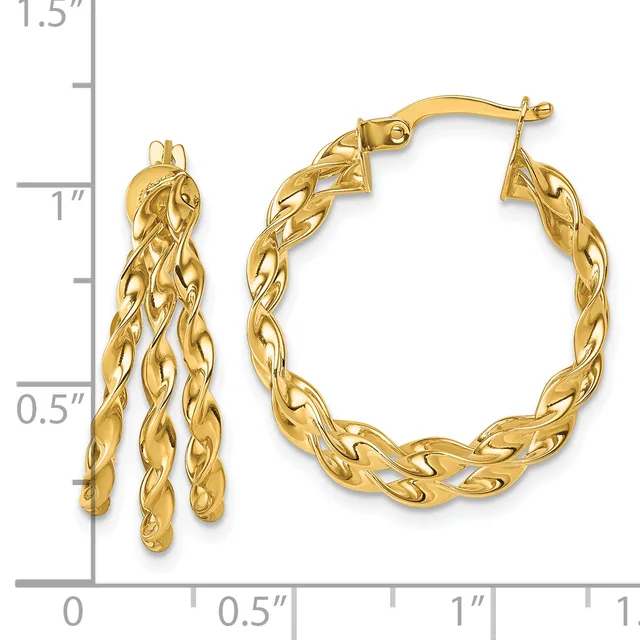 Two pairs of gold twisted hoop earrings displayed next to a measurement ruler showing sizes up to 1.5 inches.