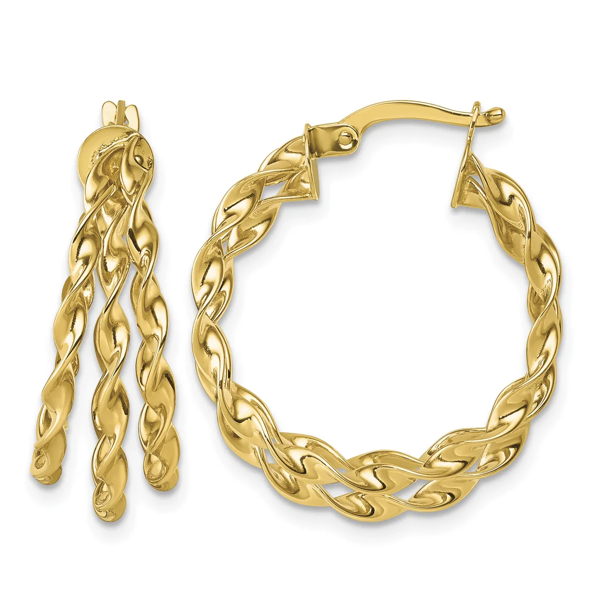 A pair of gold twisted hoop earrings with matching post and clutch backs, shown from front and side angles.