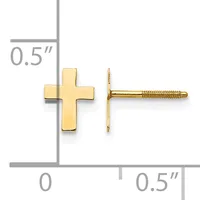 A pair of gold-colored cross-shaped stud earrings with threaded posts, shown front and side view with a measurement scale indicating 0.5 inches in width and height.