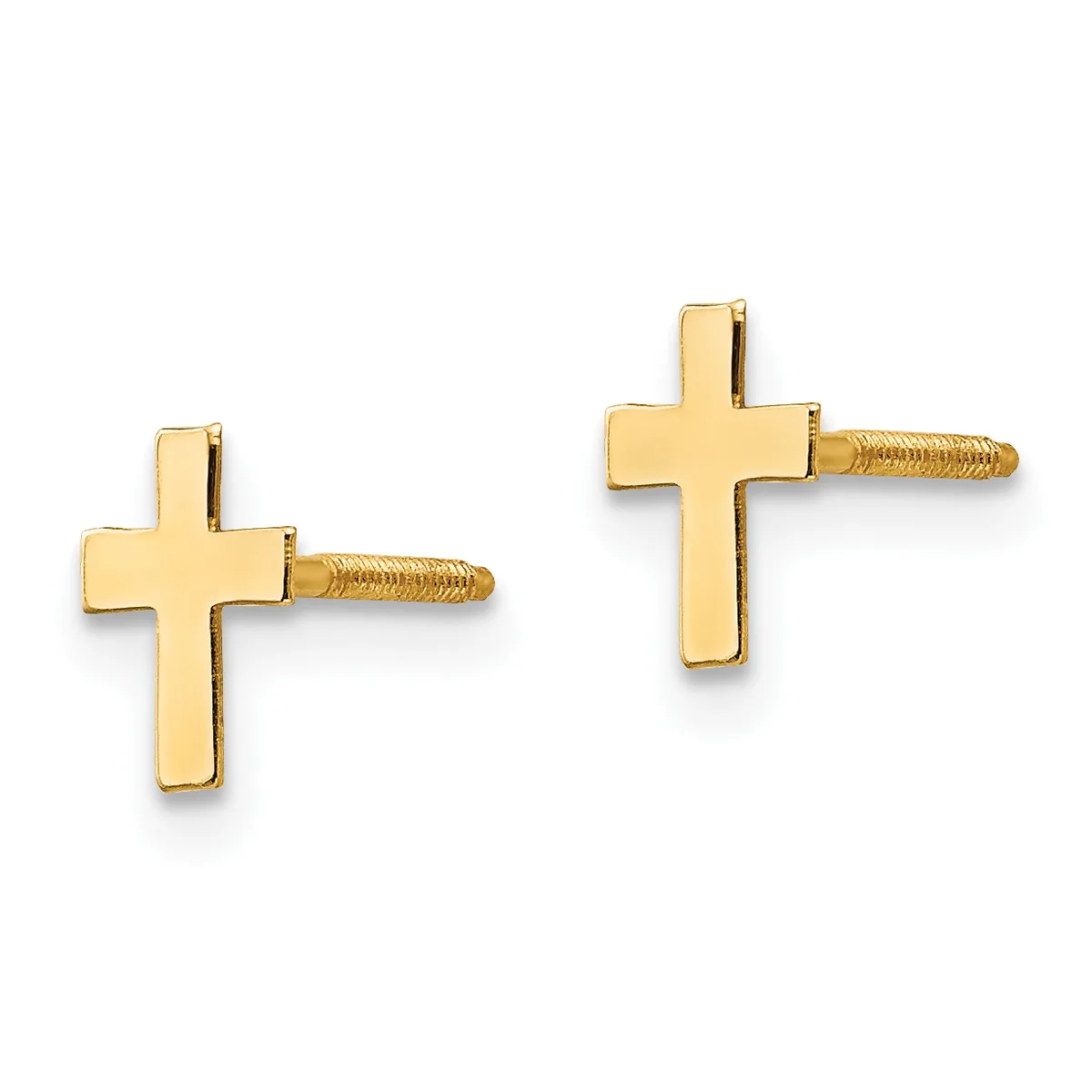 A pair of small gold cross stud earrings with screw-back posts, displayed side by side against a white background.