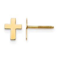 Pair of gold-colored cross stud earrings shown from front and side views, with threaded posts and backs.