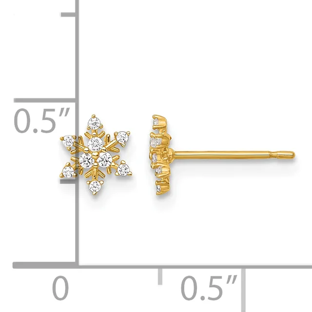 Gold stud earrings with snowflake designs set with round diamonds, shown from front and back views with a measurement scale indicating approximately 0.5 inches in size.