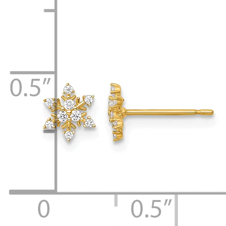 Gold stud earrings with snowflake designs set with round diamonds, shown from front and back views with a measurement scale indicating approximately 0.5 inches in size.