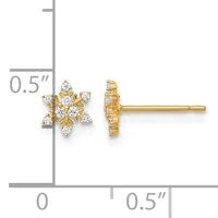 Gold stud earrings with snowflake designs set with round diamonds, shown from front and back views with a measurement scale indicating approximately 0.5 inches in size.