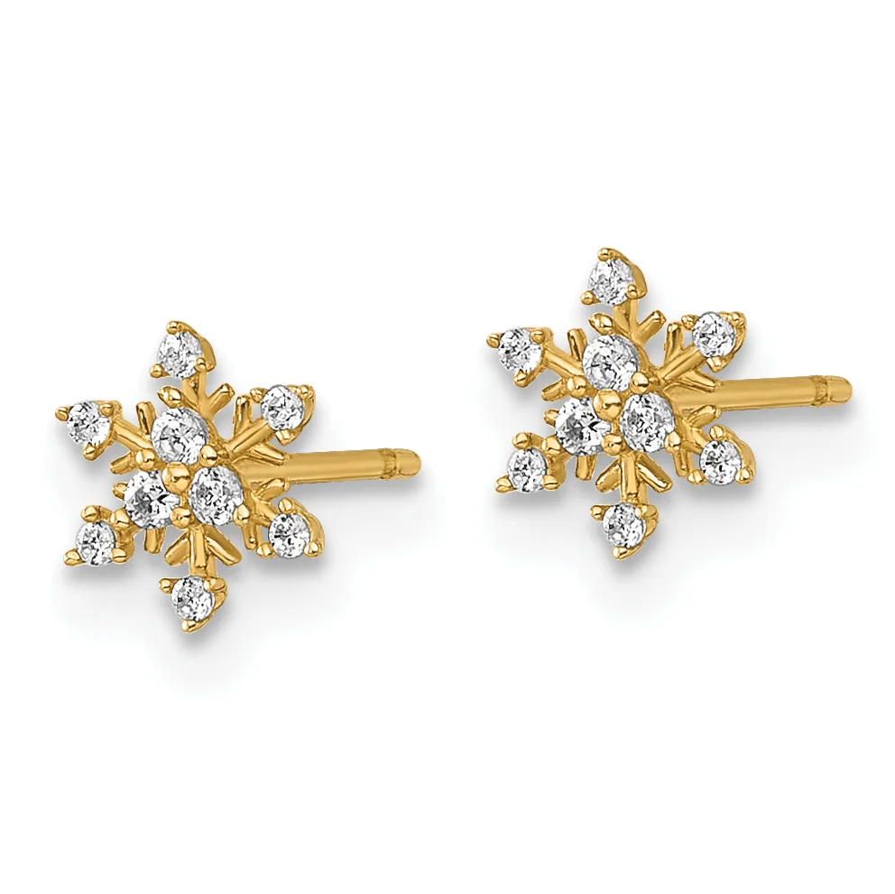 A pair of gold snowflake-shaped stud earrings set with round diamonds, shown from the front.