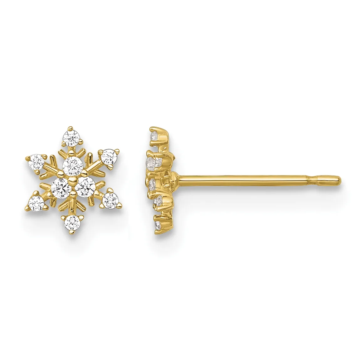A pair of gold snowflake stud earrings with round cubic zirconia stones arranged in a six-pointed star pattern, shown from front and side views.