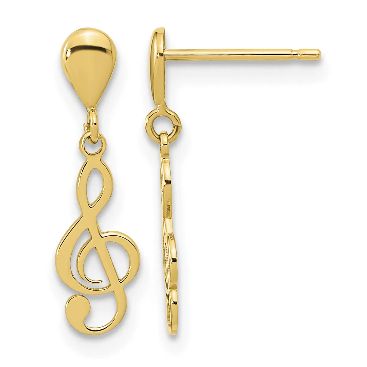 Pair of gold teardrop stud earrings with dangling treble clef charms, shown from front and side views.