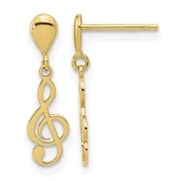Pair of gold teardrop stud earrings with dangling treble clef charms, shown from front and side views.