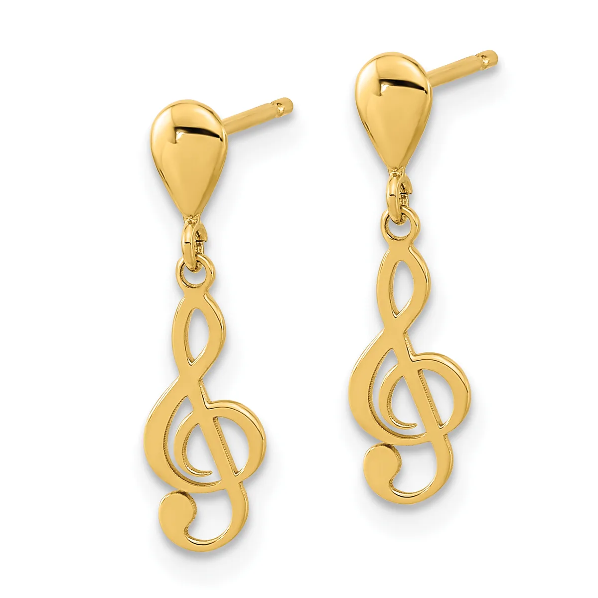 Pair of gold teardrop stud earrings with treble clef charms dangling below, shown against a white background.