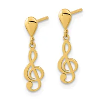 Pair of gold teardrop stud earrings with treble clef charms dangling below, shown against a white background.